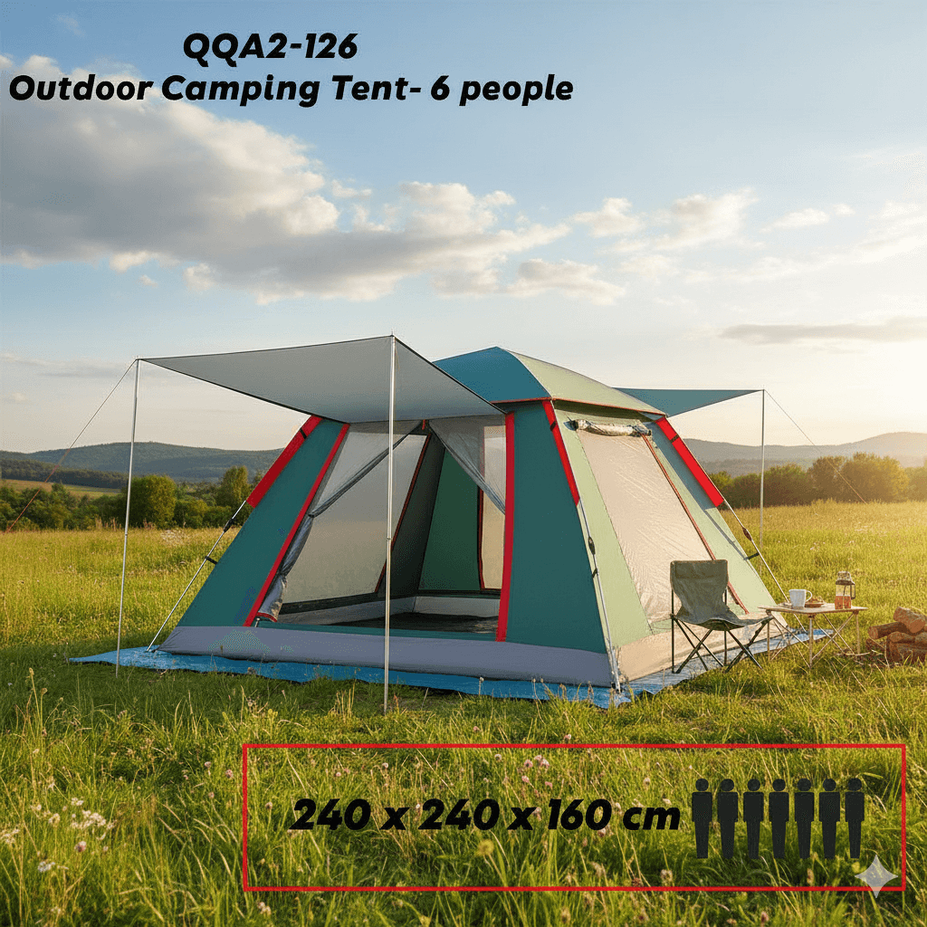 Outdoor Camping Tent - 6 Person Family Tent with Extended Awning