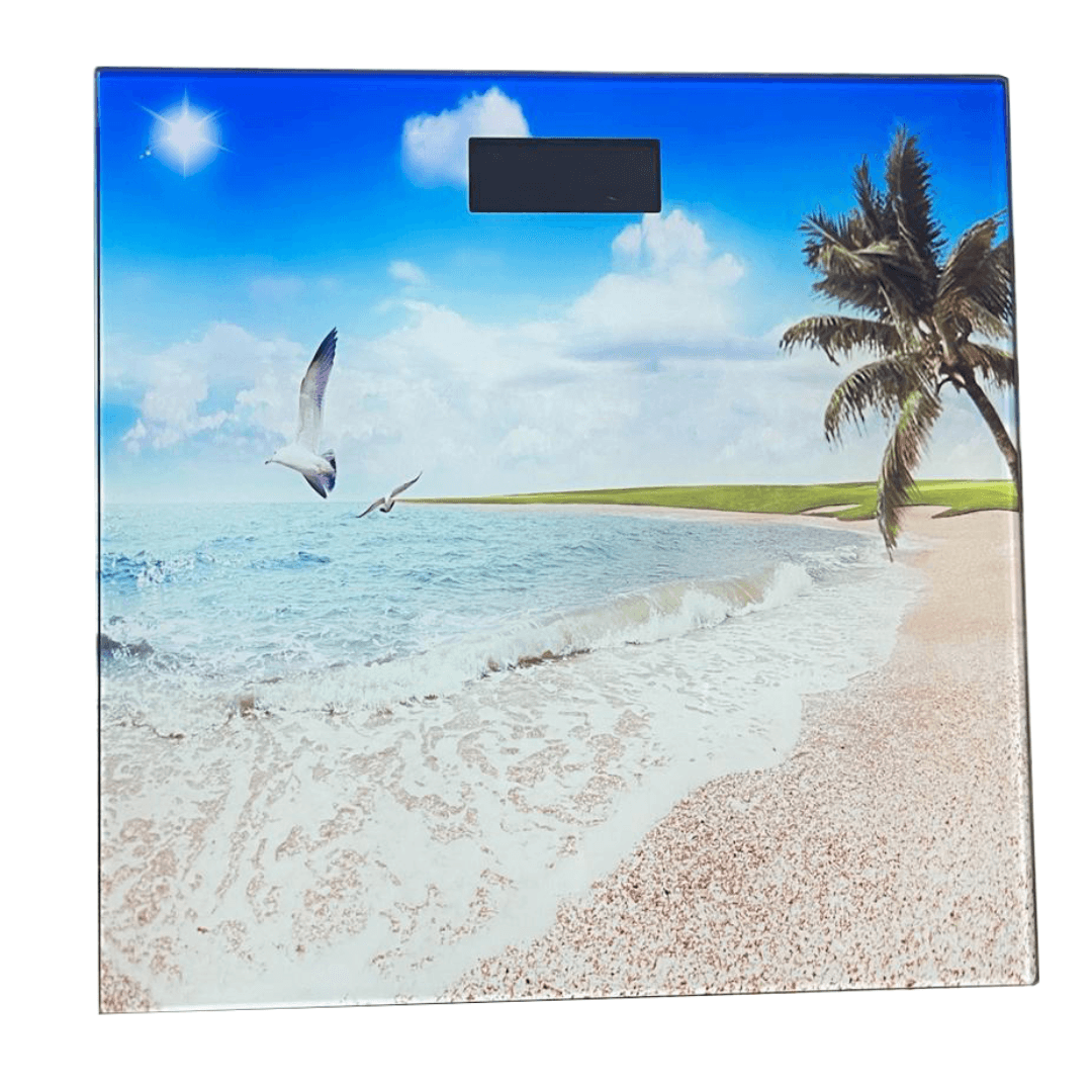 Digital Bathroom Scale (CR-132) - Beach/Ocean Print - Tempered Safety Glass Platform - 180kg (396lbs) Max Capacity